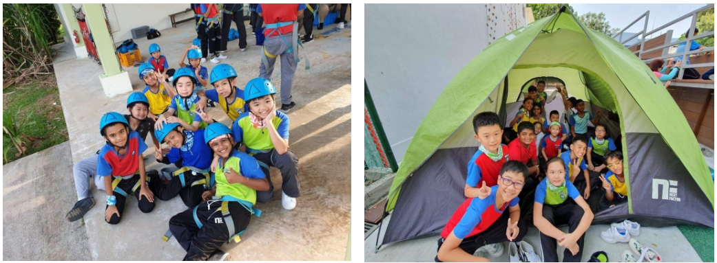 Children wearing blue helmets and vests pose outdoors; another group of children smiles inside a green camping tent.